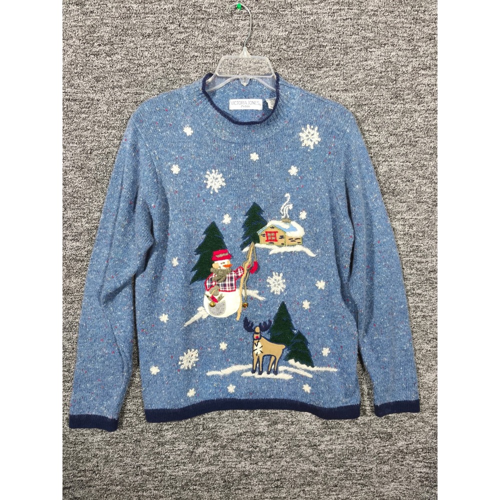 Victoria Jones Blue Winter Snowman Reindeer Angora Blend Sweater PL
